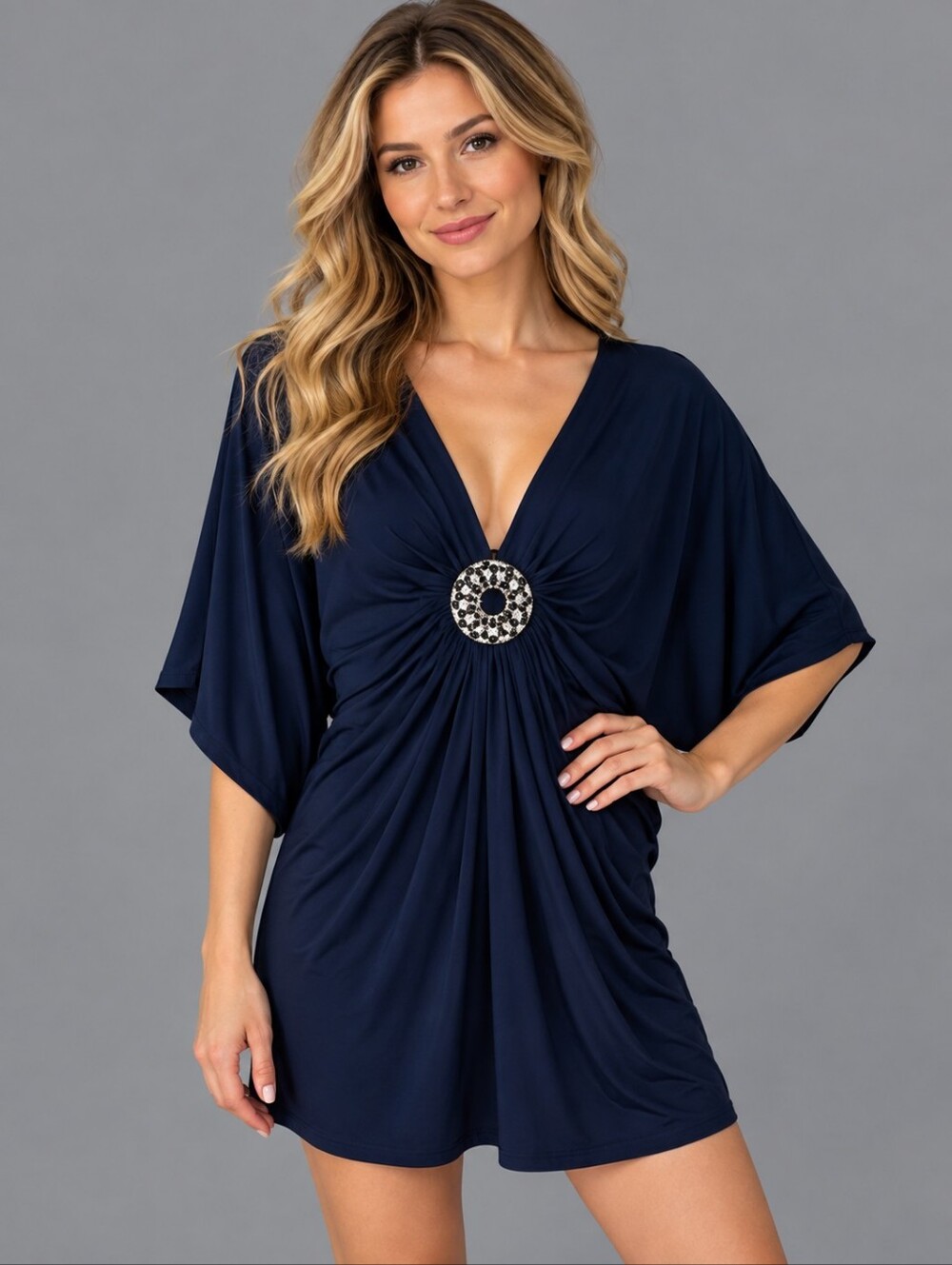 BOSTON PROPER Navy Cinched Brooch Plunging Dolman Grecian Goddess Tunic